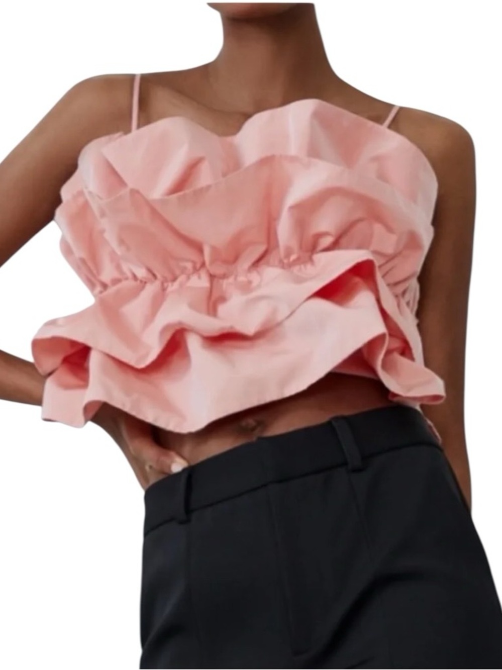 Zara Voluminous Taffeta Ruffled Spaghetti Strap Crop Cami Top in Dusty Pink NWT
